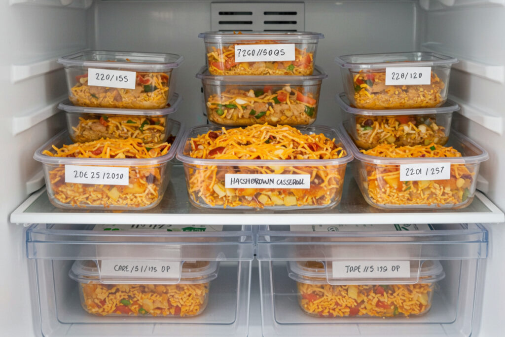 Leftover Taco Hashbrown Casserole stored in airtight meal prep containers, labeled with dates, inside a refrigerator.