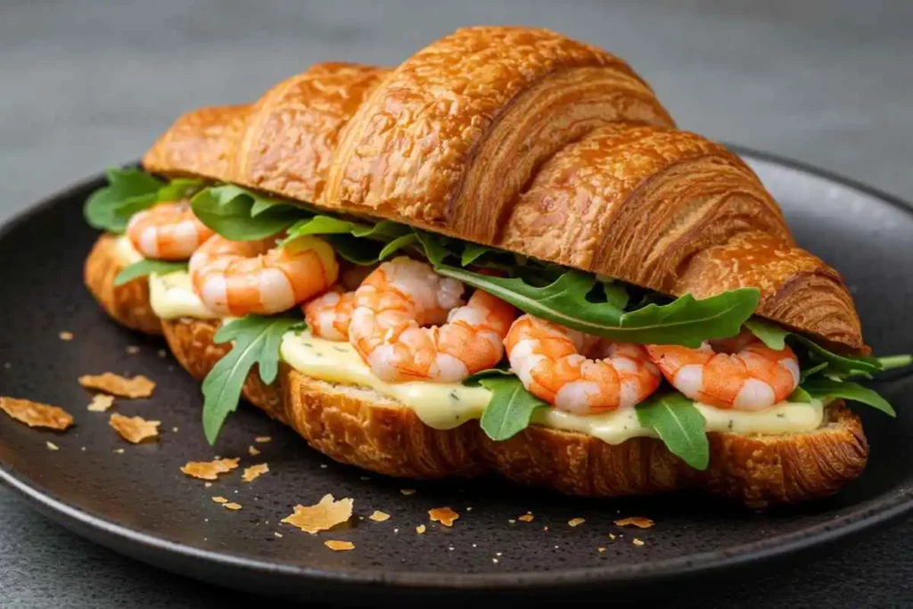 Golden flaky croissant filled with garlic butter shrimp, fresh arugula, and lemon aioli. The crispy layers fall onto a dark ceramic plate under soft natural lighting.