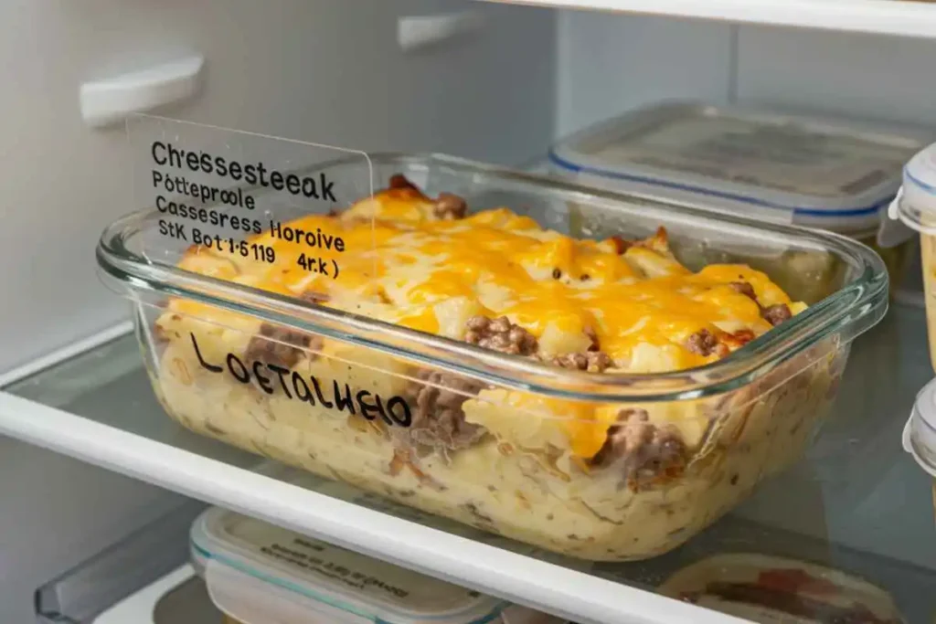 A sealed container of leftover cheesesteak potato casserole, ready for freezing or refrigeration.