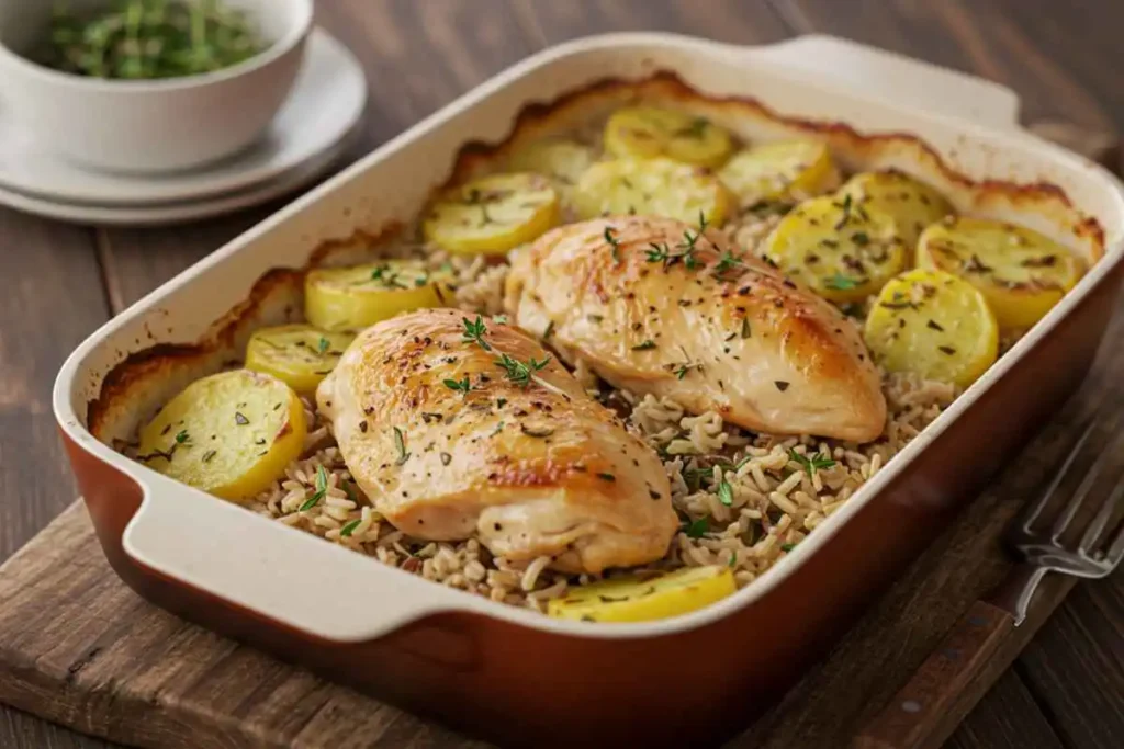 A baked dish with chicken breast, brown rice, and potatoes, garnished with fresh herbs