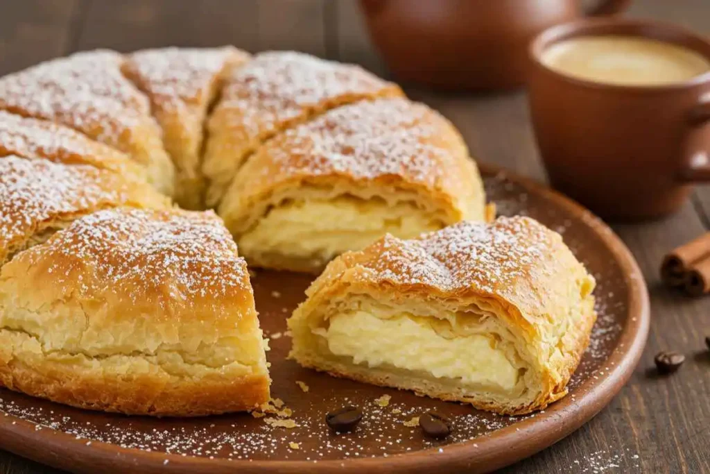  A traditional Greek Bougatsa pastry with crispy phyllo layers and creamy custard filling, dusted with powdered sugar and cinnamon, served on a wooden plate.