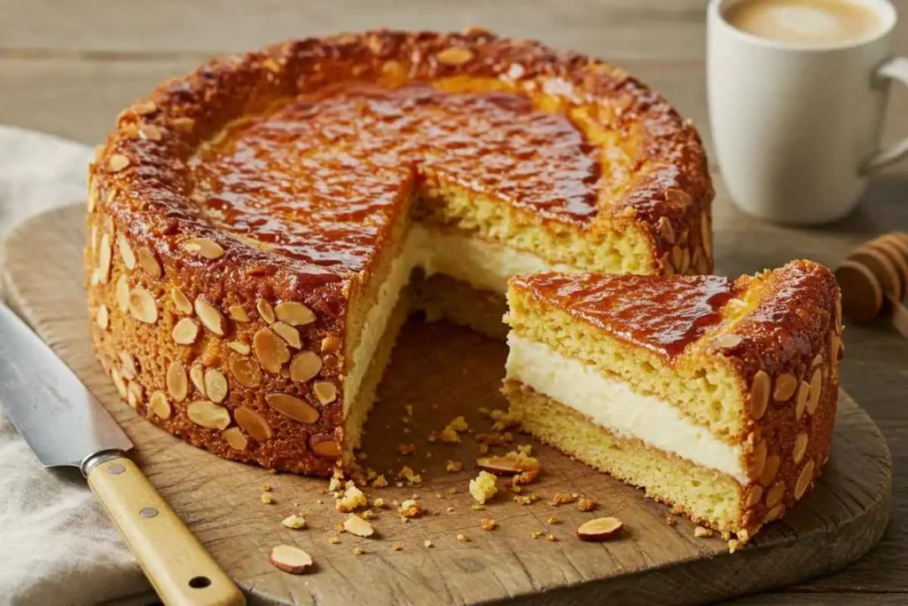 A classic German Bienenstich cake with a crunchy honey-almond topping and creamy vanilla custard filling, sliced and served on a wooden board.