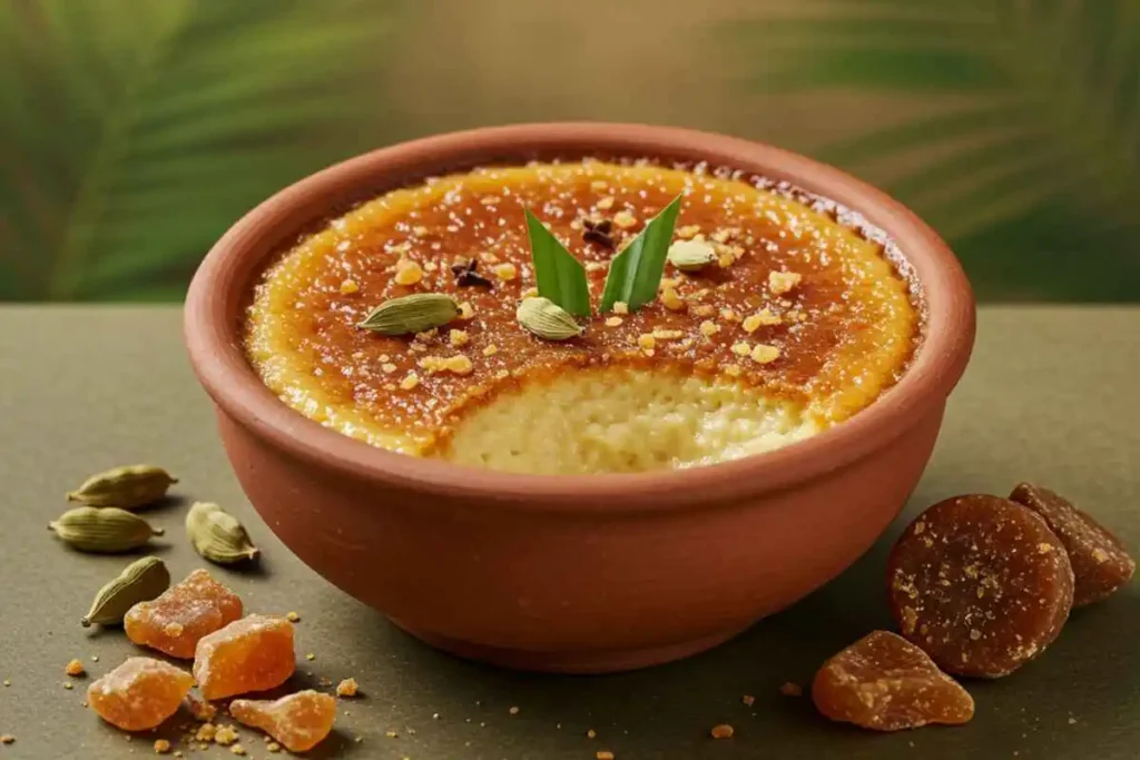 A creamy Sri Lankan Watalappam coconut custard pudding with a dark caramel color, garnished with cashew nuts and cardamom, served in a clay bowl. 