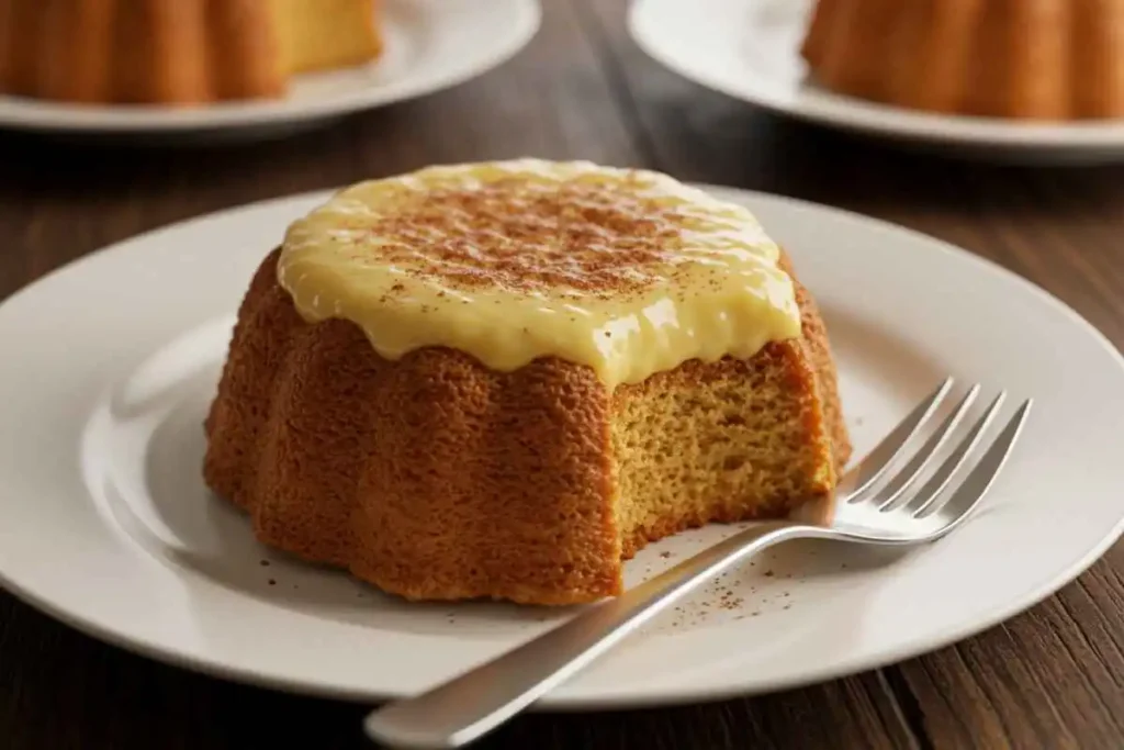 A slice of Latiya, a traditional Guamanian sponge cake topped with cinnamon custard, dusted with cinnamon, and served on a white plate.