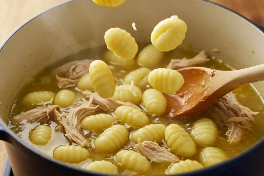 A steaming pot of golden chicken broth with shredded chicken gently simmering. Soft, pillowy gnocchi are being carefully dropped in