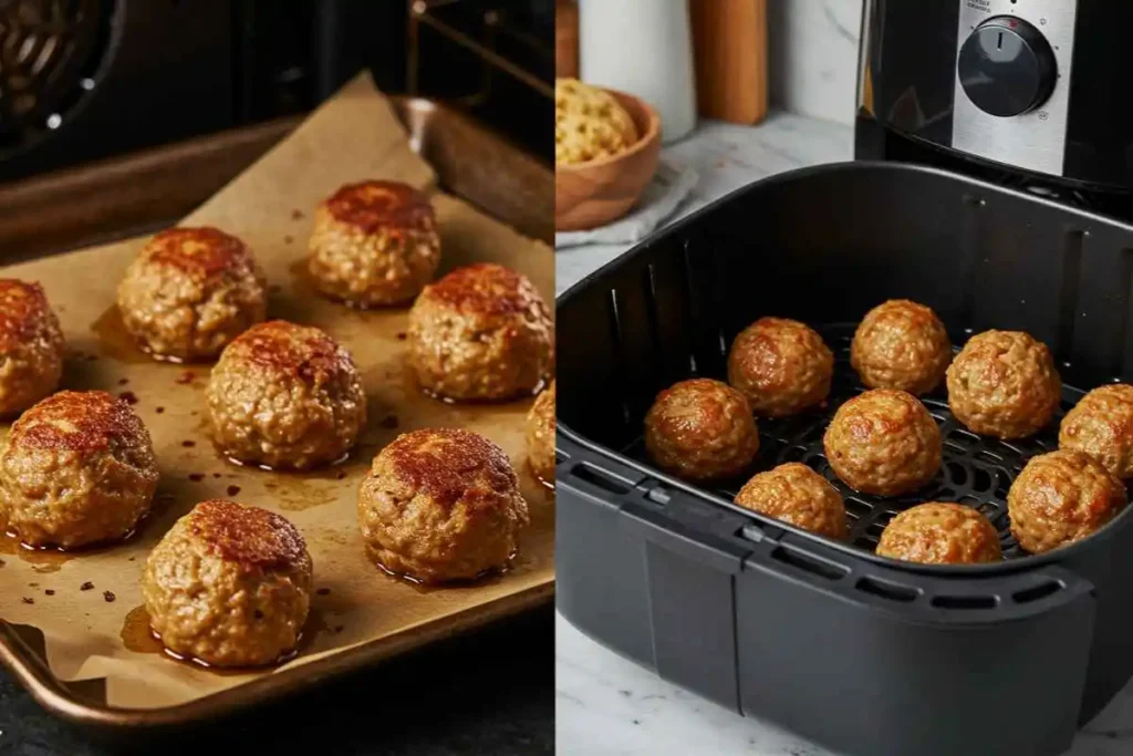 Sausage balls cooking in an oven and an air fryer side by side.