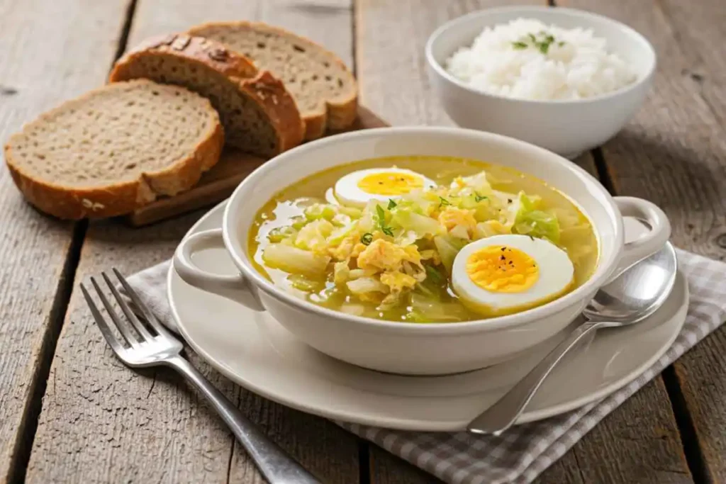 A bowl of cabbage and egg soup served with whole grain bread and rice.
