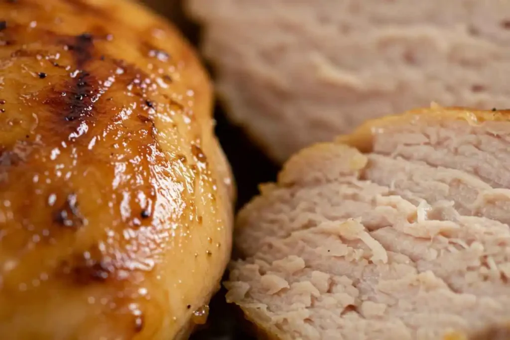  A detailed close-up comparison of turkey and chicken meat textures, highlighting differences in juiciness and firmness.