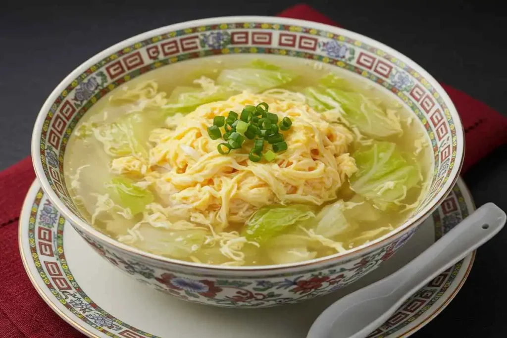 A traditional Chinese cabbage and egg drop soup served in an elegant bowl.