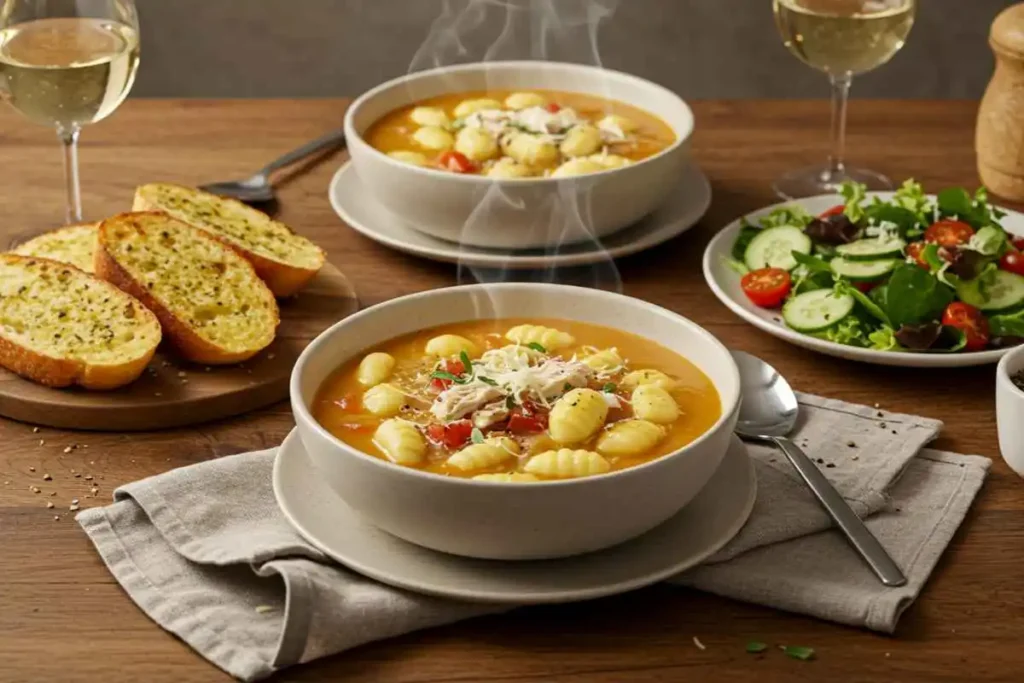  A warm and inviting dinner setup featuring two bowls of creamy Marry Me Chicken Gnocchi Soup with garlic bread.