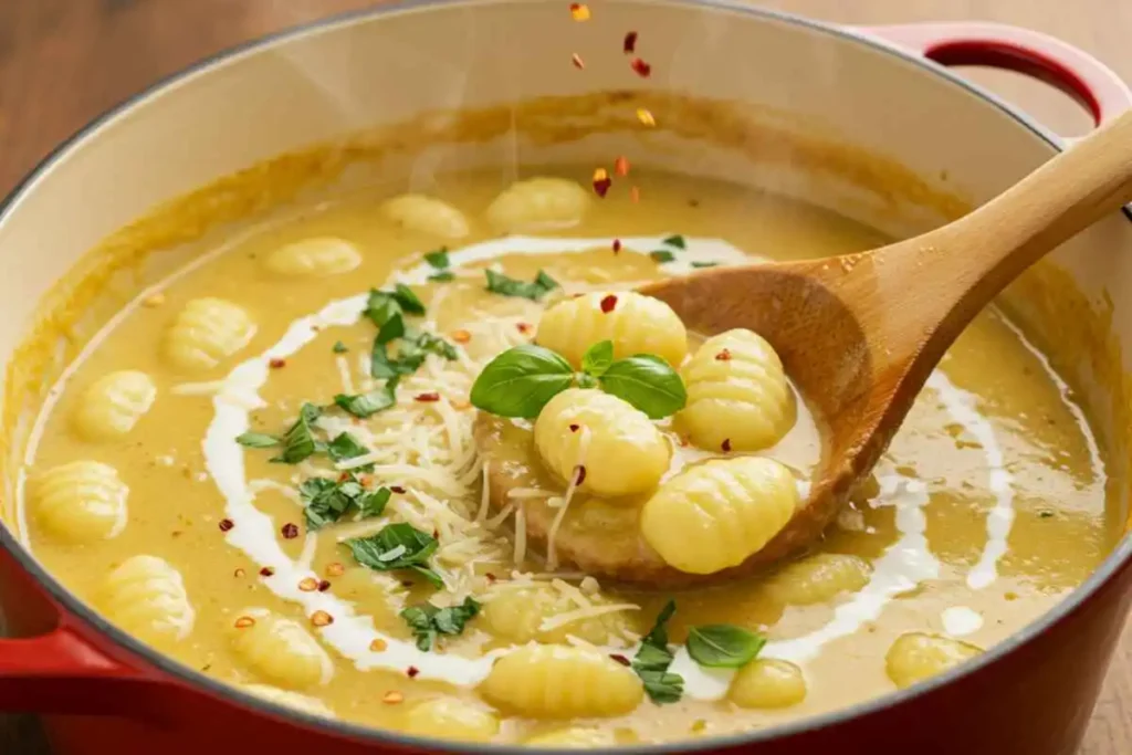 A rich, creamy pot of chicken gnocchi soup being gently stirred with a wooden ladle. Swirls of heavy cream blend into the broth while melted Parmesan cheese creates a velvety texture.