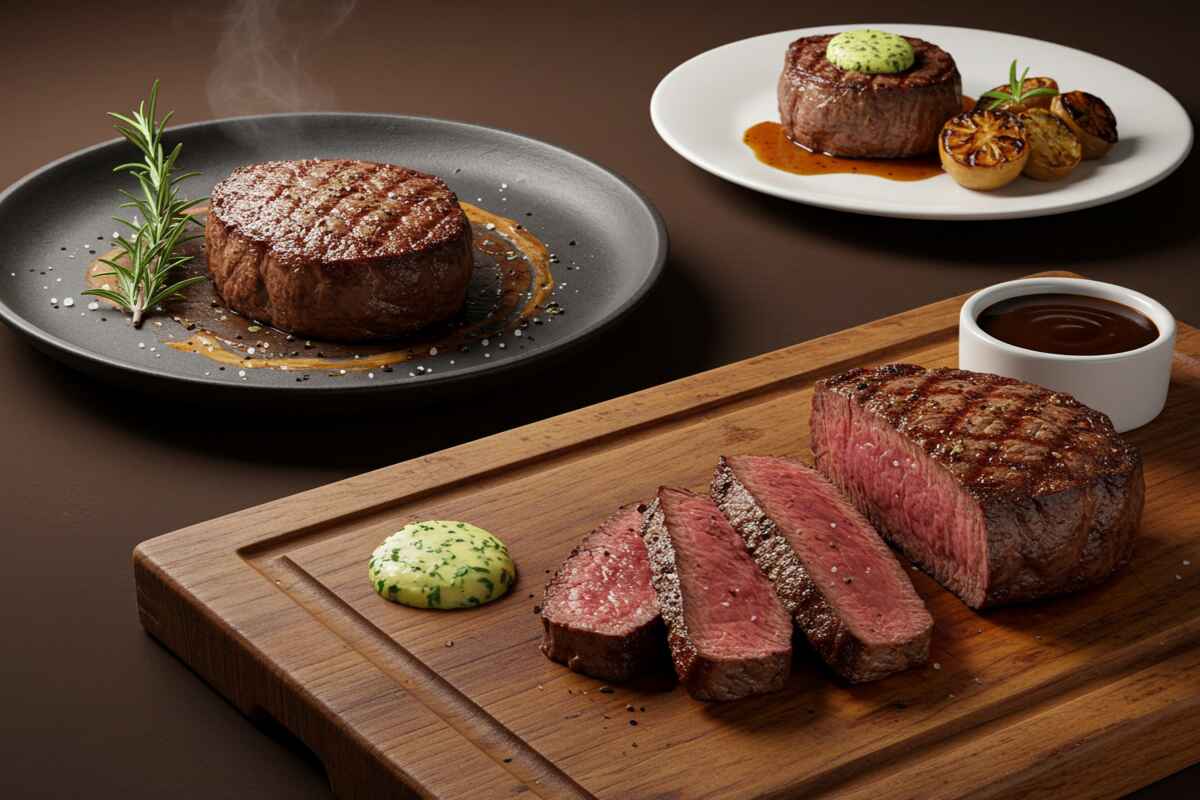 Three filet mignon presentation styles: a whole steak with rosemary on a black plate, a filet with herb butter and sauce on a white plate, and a sliced filet on a wooden board with dipping sauce