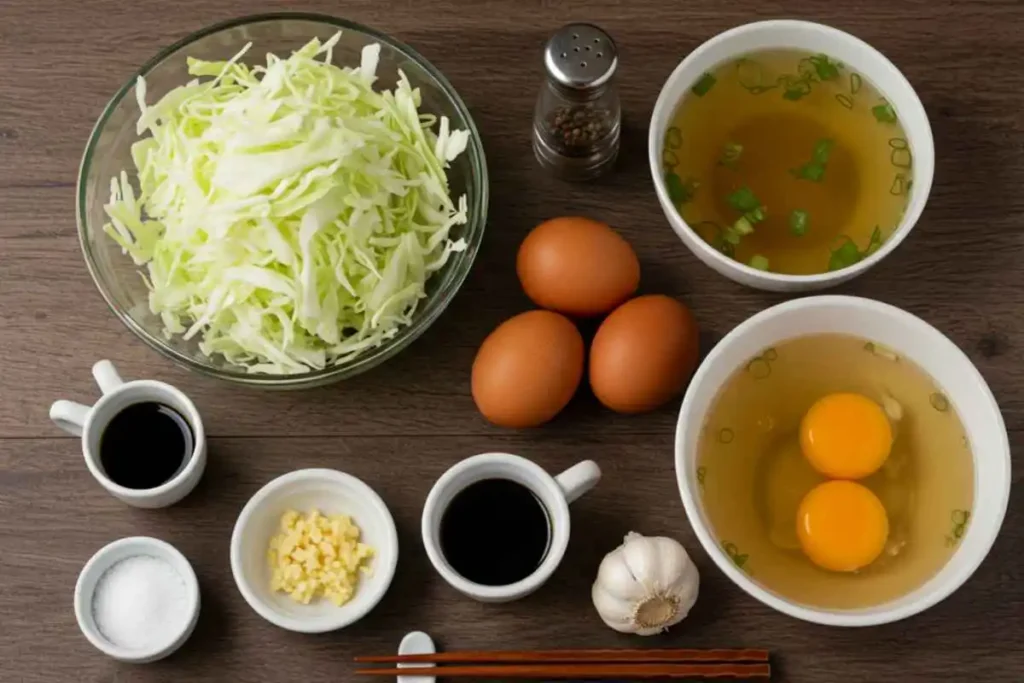  A top-down view of cabbage, eggs, and seasonings arranged on a wooden surface