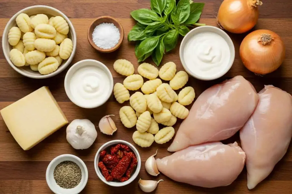 A top-down view of raw chicken, gnocchi, heavy cream, Parmesan, and herbs arranged on a wooden surface.