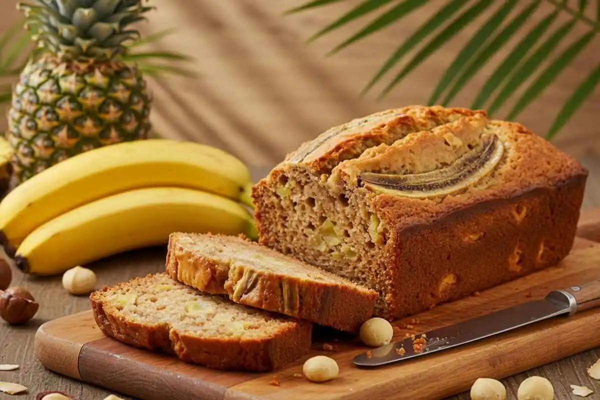 A sliced loaf of golden-brown Hawaiian banana bread on a rustic wooden board, surrounded by fresh bananas, pineapple, and macadamia nuts in a tropical kitchen setting.