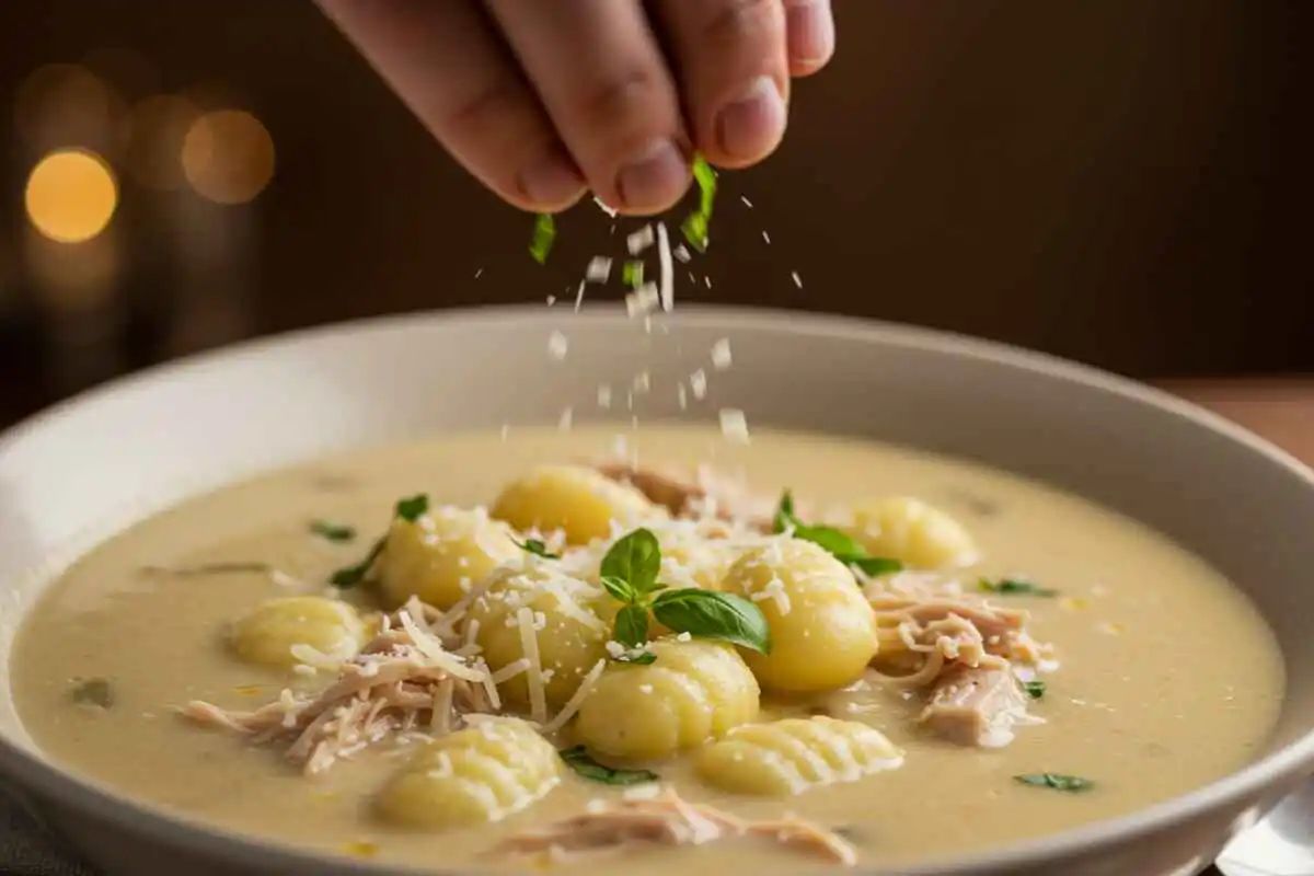 fresh Parmesan and basil to a bowl of creamy chicken gnocchi soup.