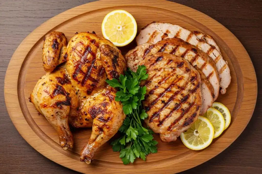 A visually appealing comparison of grilled chicken and grilled turkey, showing texture differences with golden-brown grill marks.