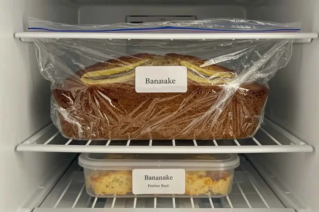 Banana bread wrapped in plastic and stored in a labeled freezer-safe bag inside a modern kitchen freezer.