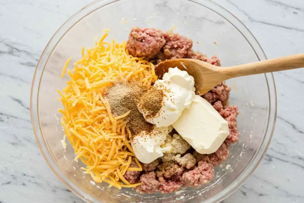 A bowl of ground sausage, cream cheese, and seasonings being mixed together.