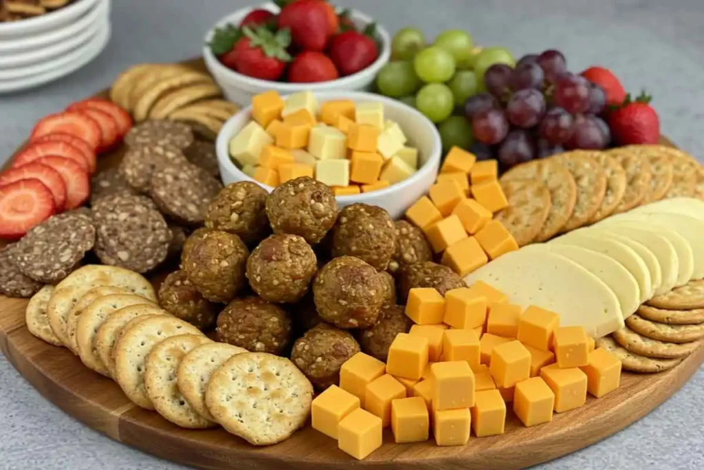 A party platter featuring sausage balls, cheese cubes, and fruit. 