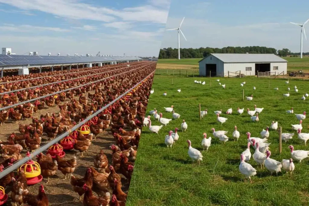  A visual representation of chicken and turkey farms, showcasing ethical and sustainable farming differences.