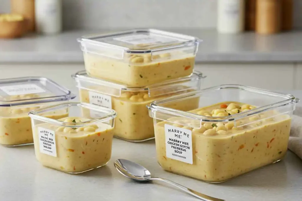 Airtight glass containers filled with creamy Marry Me Chicken Gnocchi Soup, ready for refrigeration or freezing.