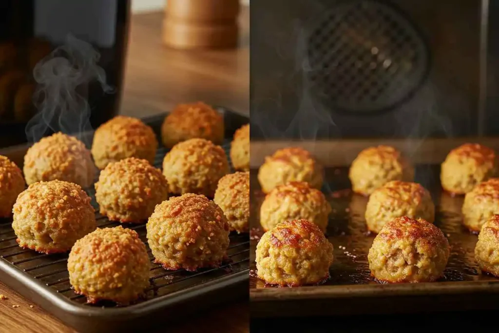  Sausage balls being reheated in an air fryer and oven.