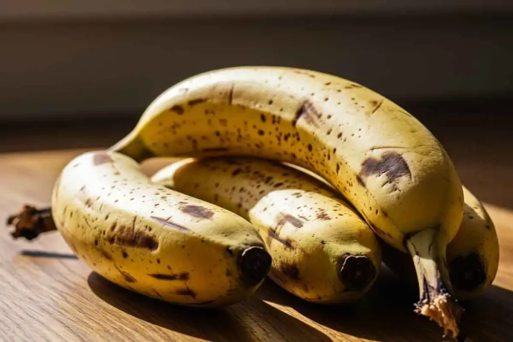 Overripe bananas with dark spots on a wooden kitchen counter, ideal for making Hawaiian banana bread.