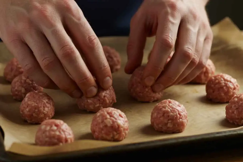 Hands rolling sausage balls and placing them on a baking sheet.