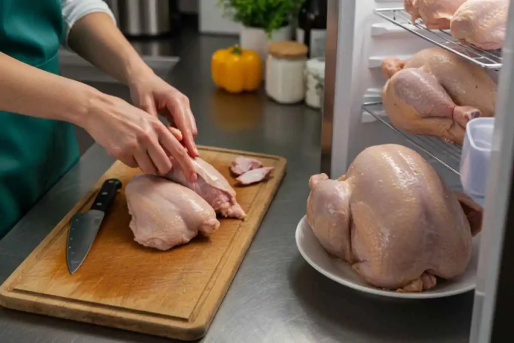  A chef demonstrating food safety guidelines for handling and storing turkey and chicken properly.

