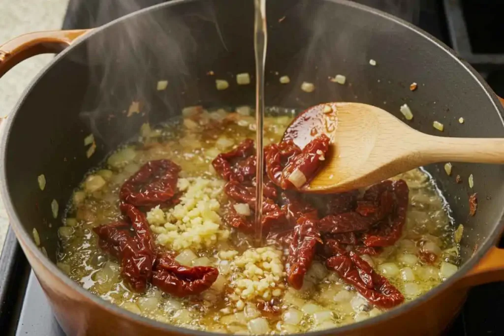 A rustic Dutch oven on a stovetop with onions and garlic sizzling in melted butter. Sun-dried tomatoes are being stirred in