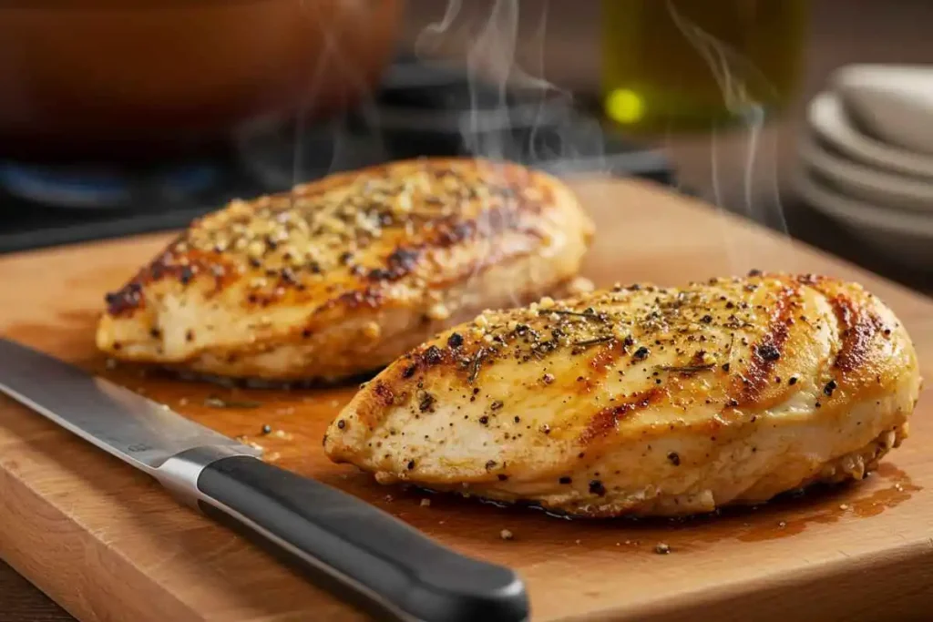 Golden-brown, seared chicken breasts resting on a wooden cutting board with steam rising. The chicken has a crispy