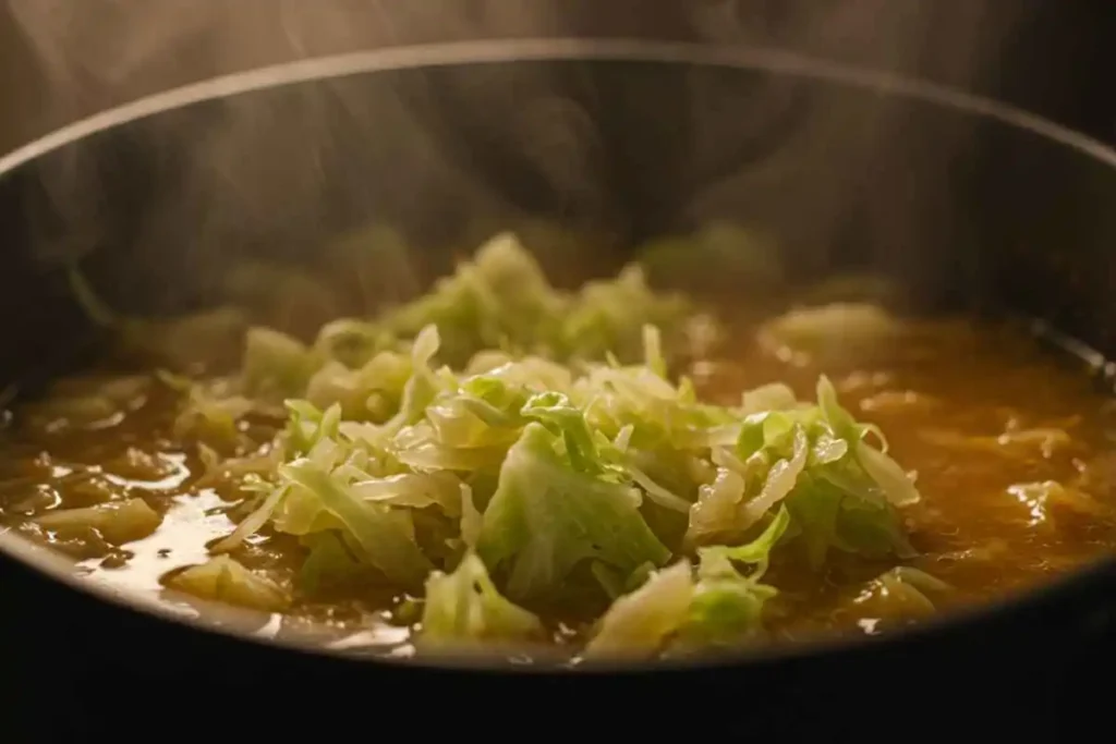  Shredded cabbage cooking in a pot with flavorful broth.
