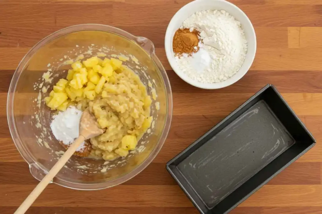  A top-down view of banana bread batter being mixed in a bowl, with flour, baking soda, pineapple, and coconut on a wooden kitchen counter, ready to be baked.