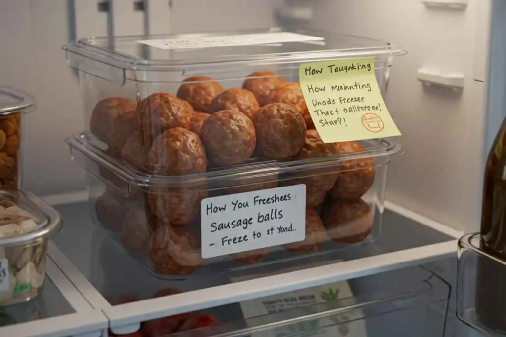  Sausage balls stored in a container inside the refrigerator.