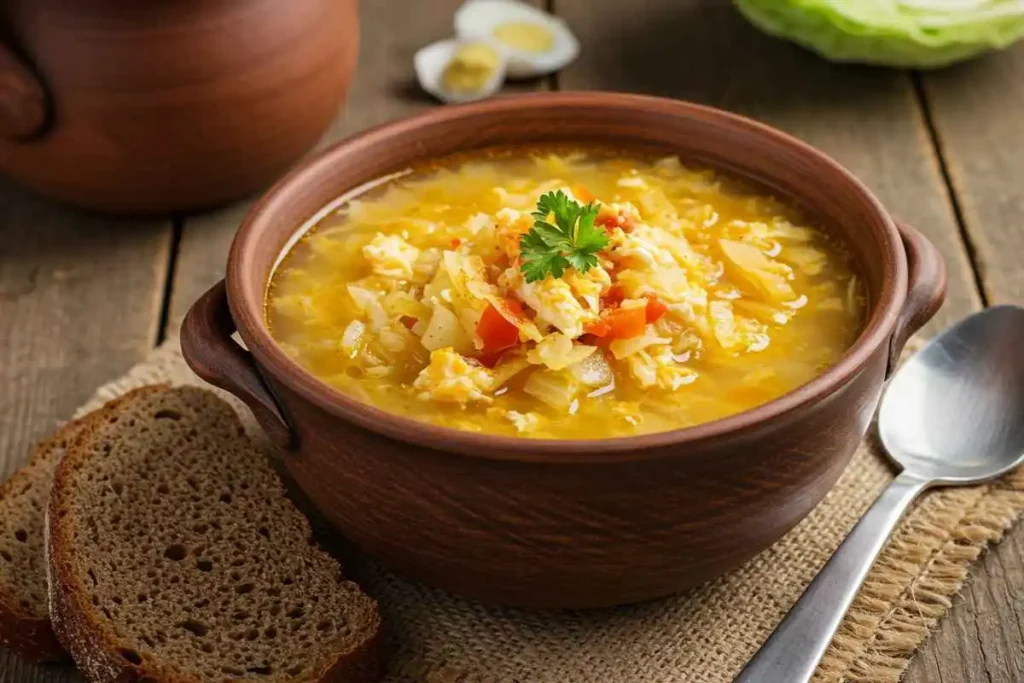 A hearty bowl of European-style cabbage and egg soup with paprika seasoning, served with dark rye bread.