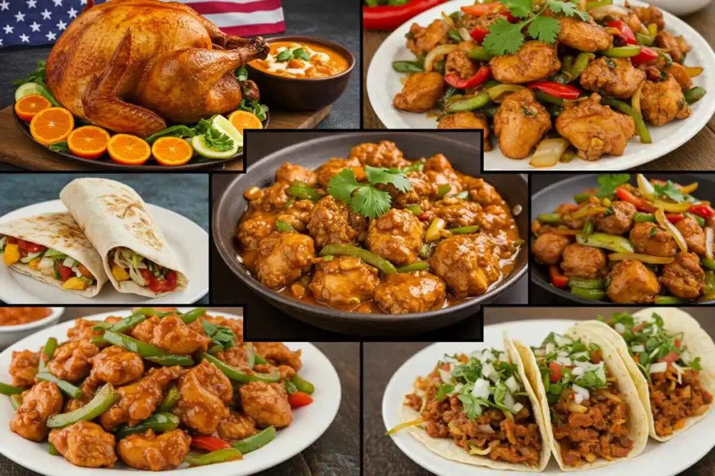  A collage of international dishes showcasing the diverse culinary uses of turkey and chicken worldwide.