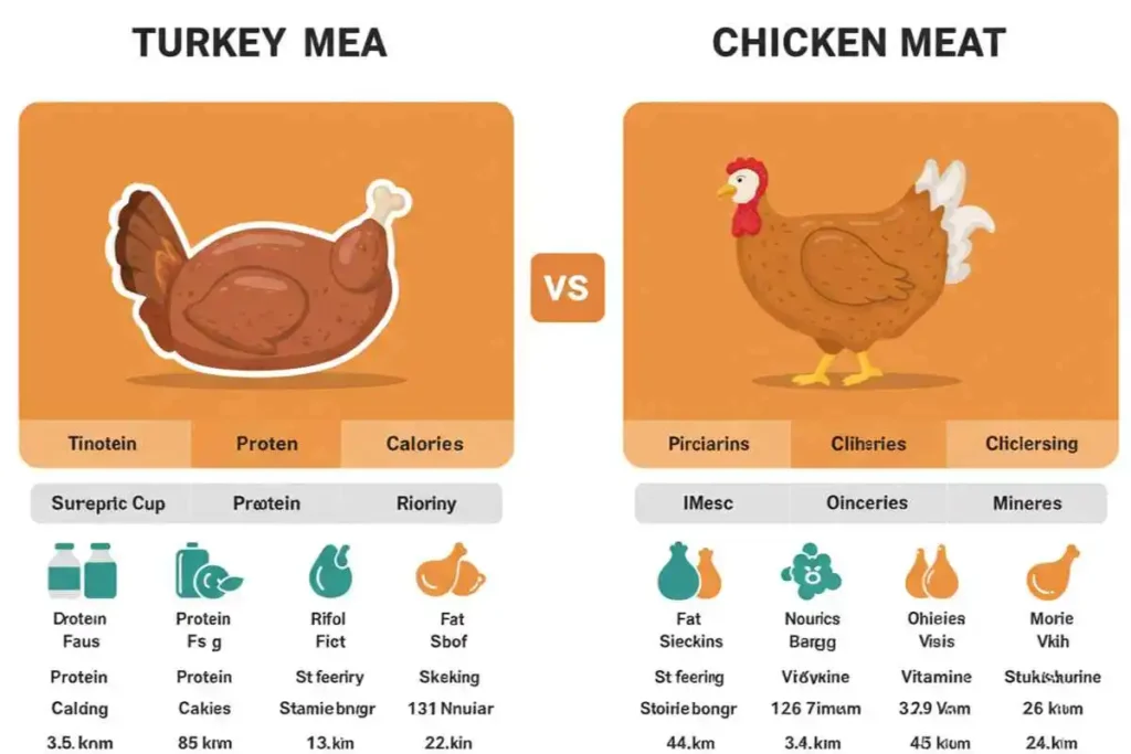  A side-by-side infographic comparing the nutrition facts of turkey and chicken, including protein, fat, and vitamin content.