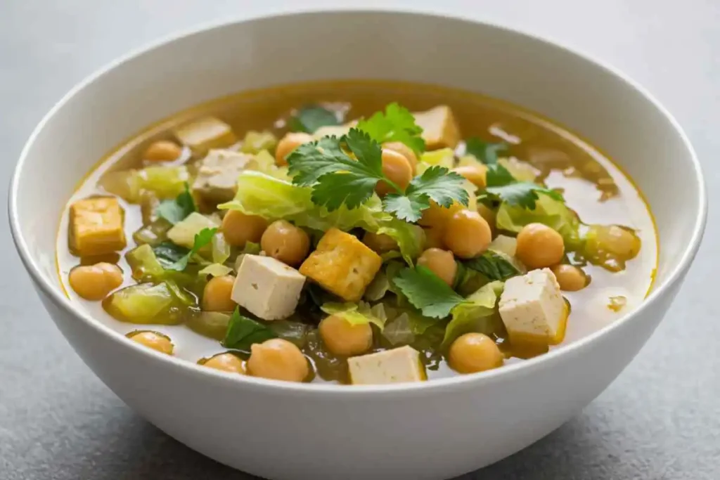 A vegan version of cabbage soup made with tofu and chickpeas.