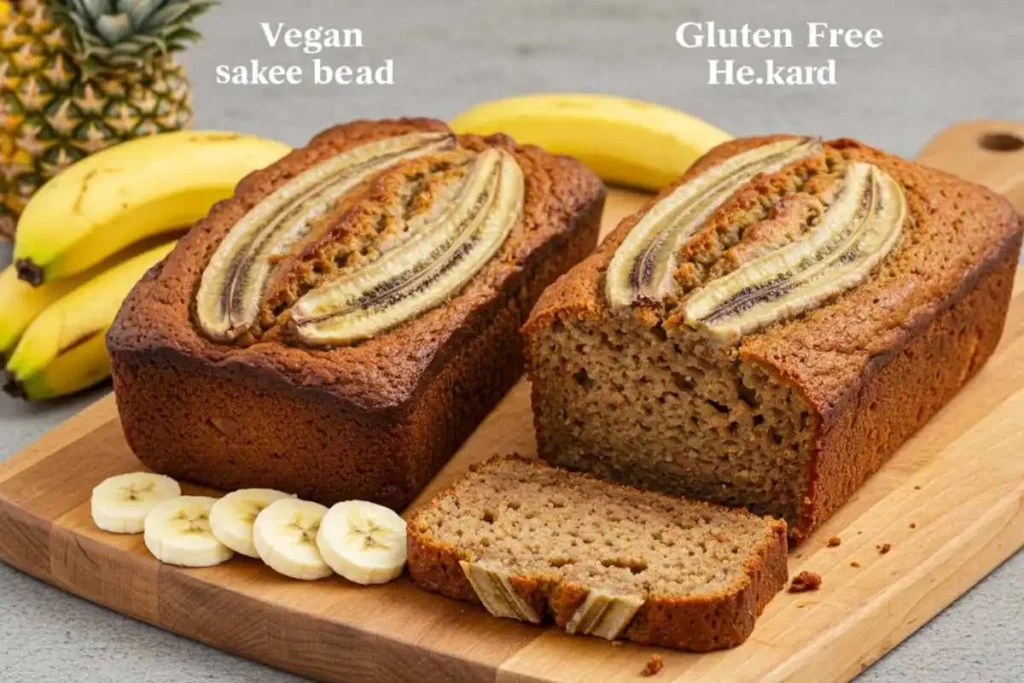 Two loaves of banana bread labeled ‘Vegan’ and ‘Gluten-Free’, garnished with banana slices and tropical fruits.