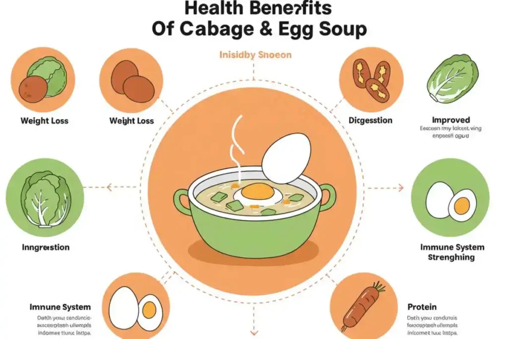 A visual infographic displaying the health benefits of cabbage and egg soup.