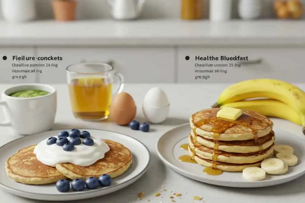 A balanced breakfast with banana blueberry pancakes, Greek yogurt, and fresh fruit, highlighting portion control and healthy choices.