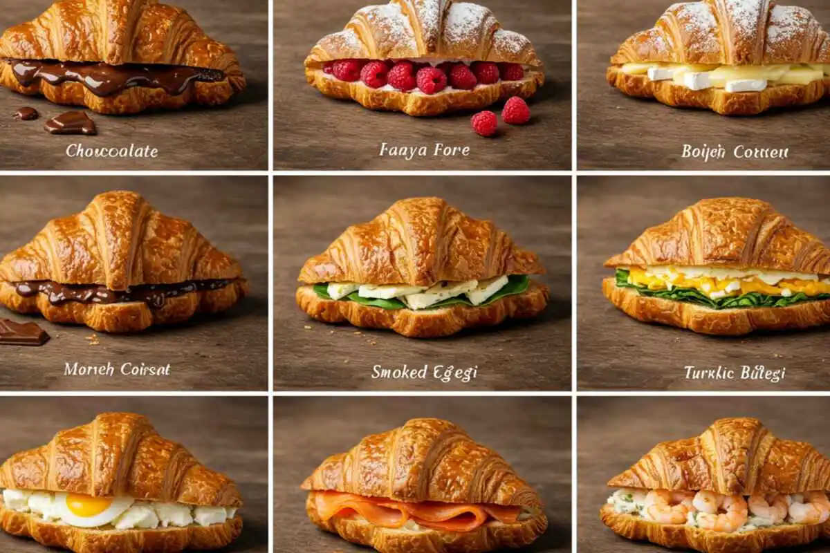 A collage of various croissant fillings, including chocolate, fruit preserves, cheese, vegetables, eggs, seafood, and international variations, displayed on a wooden table.