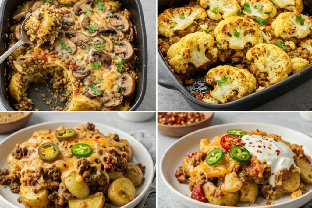 Four variations of crockpot cheesesteak potato casserole—vegetarian, keto-friendly, spicy, and dairy-free—each plated to showcase unique ingredients