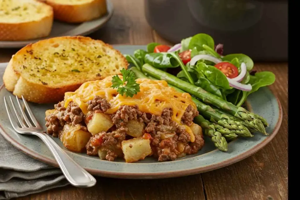 A plated serving of crockpot cheesesteak potato casserole with garlic bread, a fresh salad, and steamed asparagus for a balanced meal