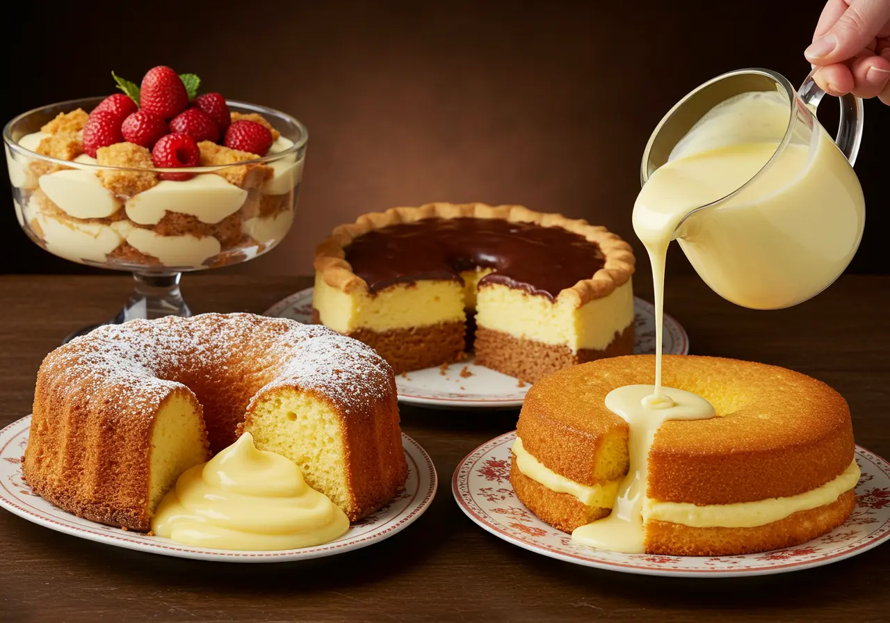 A collage of different cake and custard desserts, including trifle, Boston Cream Pie, magic custard cake, Torta della Nonna, sponge cake with custard, and a custard pour shot, all elegantly arranged on a dessert table.