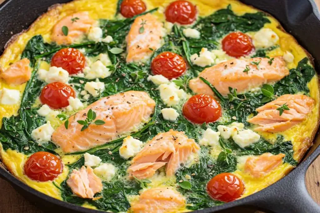  A golden frittata with salmon, spinach, and cherry tomatoes in a cast-iron skillet