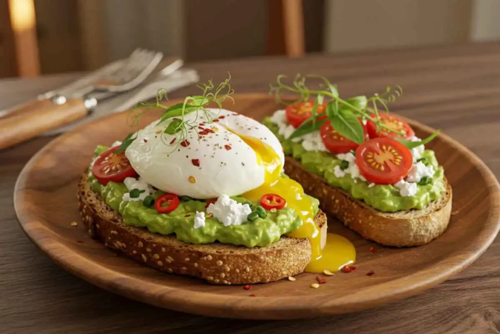 Two slices of whole-grain toast topped with mashed avocado, crumbled feta cheese, cherry tomatoes, and microgreens, with one toast featuring a poached egg with a runny yolk, garnished with red pepper flakes and chives, served on a wooden plate.