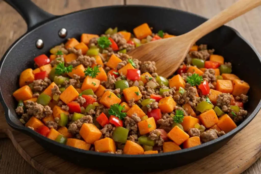 Nutritious beef and vegetable hash with sweet potatoes and bell peppers in a cast-iron