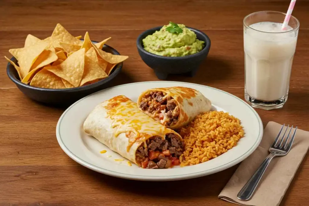 A Cheesy Double Beef Burrito served with nachos, Mexican rice, and an iced horchata drink on a Taco Bell-inspired tray.